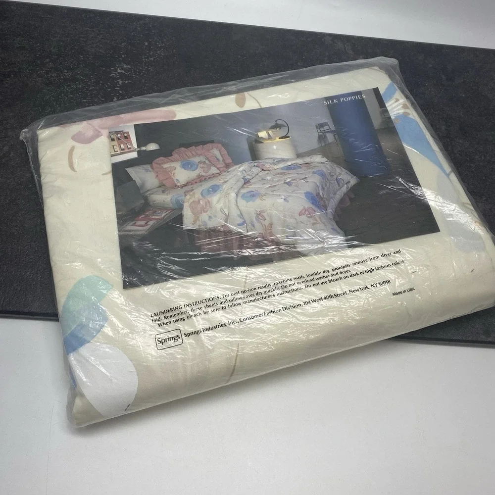 Vintage Springmaid King Flat Sheet Silk Poppies NOS Floral Pastels 1990s No Iron